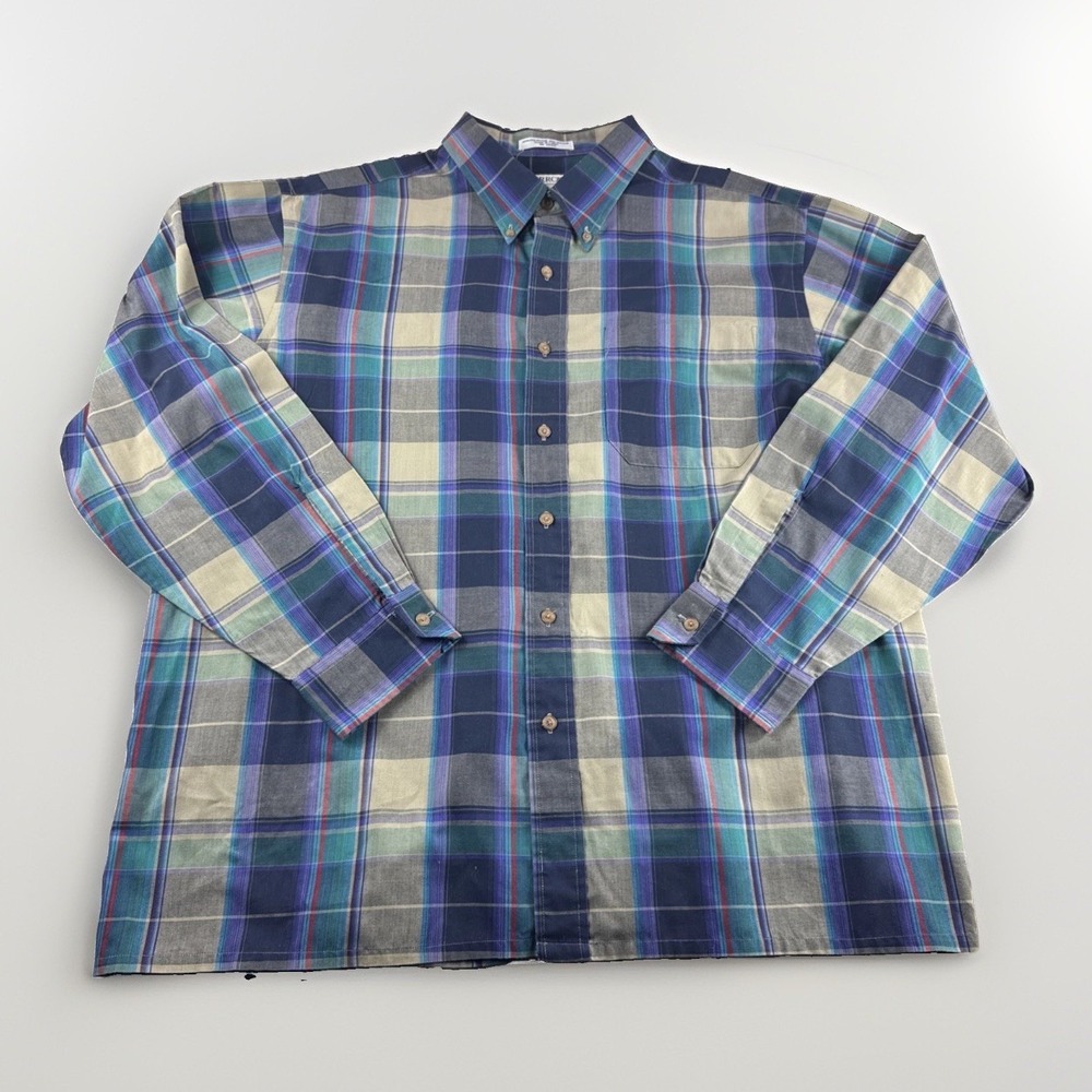 Vintage Arrow Sport Long Sleeve Shirt Mens XL Blue Plaid Button Up Casual 90s - Picture 2 of 7